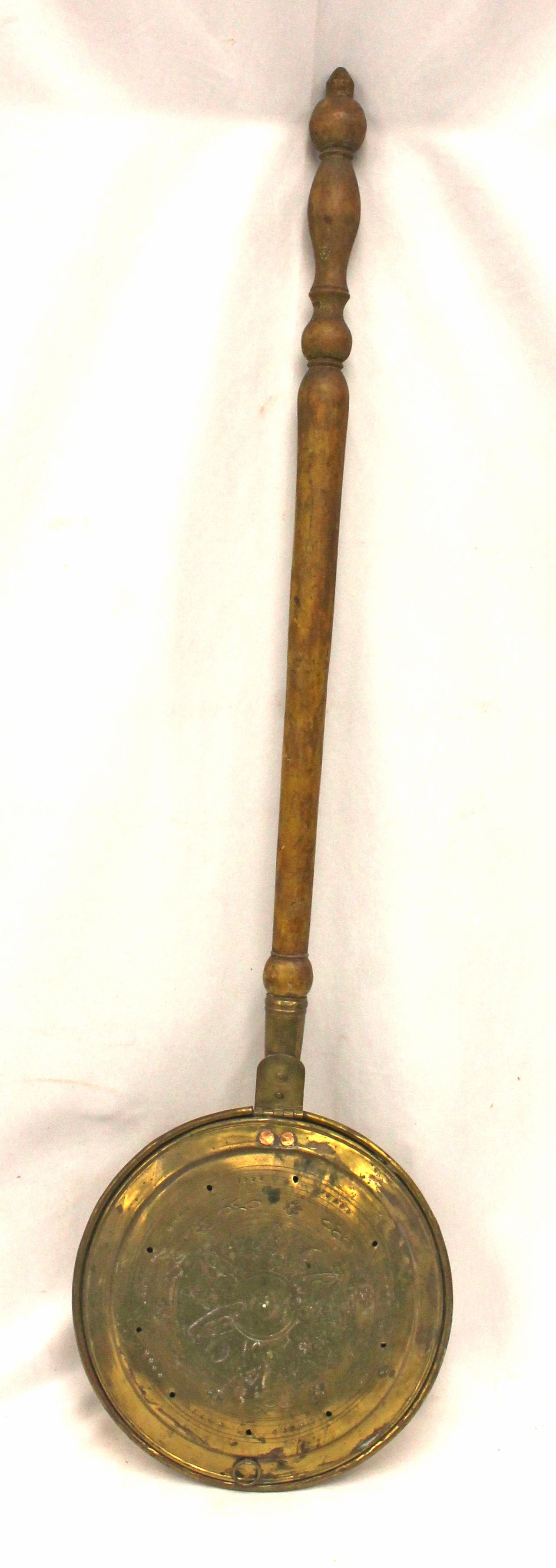 Antique bedwarmer w pierced brass pail w star motif & yellow painted wooden handle - 42" long x 12" (1 of 5)