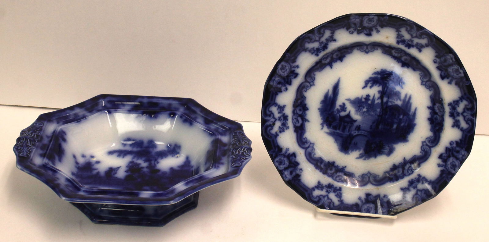 Flow Blue lot incl Scinde vegetable (missing lid) 10 1/2" wide & 9 1/2" plate (unmarked) (1 of 8)