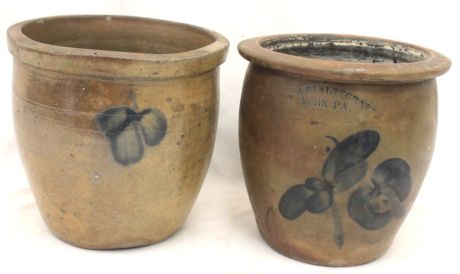 Lot of 2 19thC stoneware ovoid jars w cobalt floral dec - 1 marked H.B. Pfaltzgraff York, PA - 8" (1 of 12)