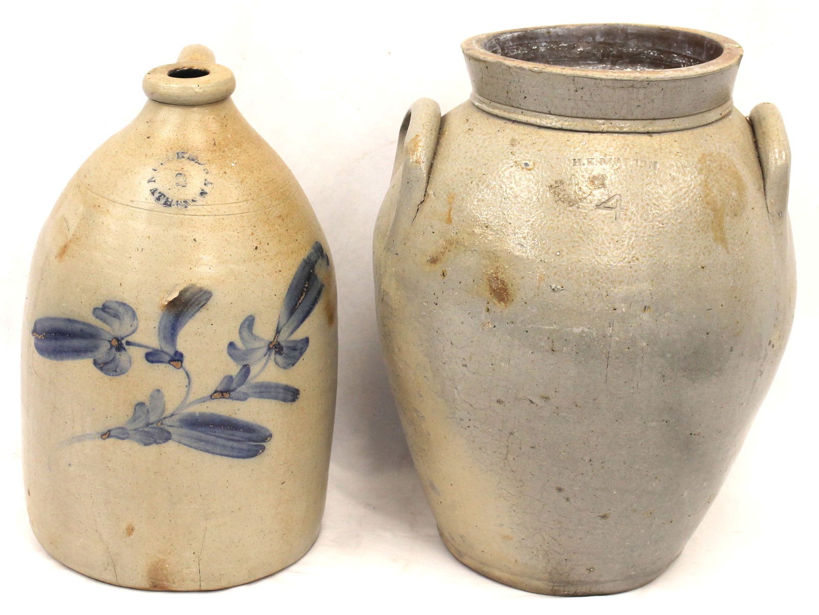 Lot of 2 19thC stoneware items incl 4 gal H.K. Martin ovoid jar & Nathan Clark Athens, NY cobalt dec (1 of 12)