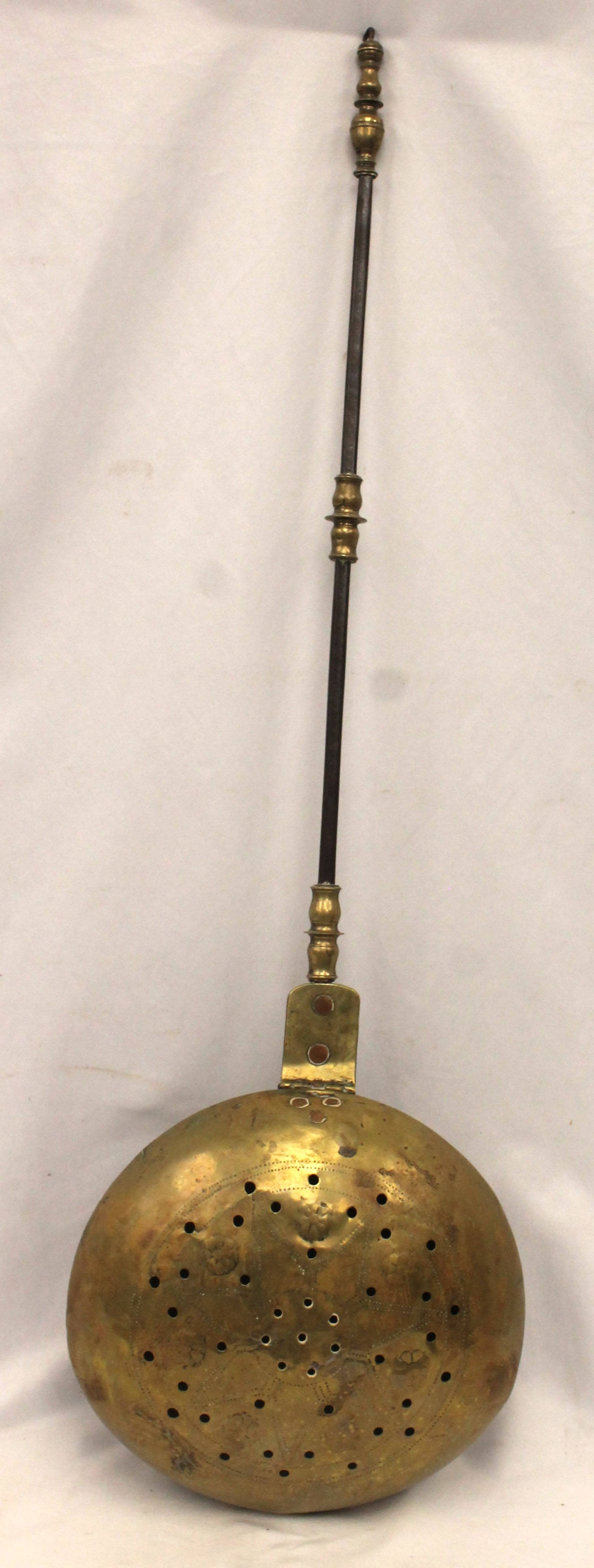 Antique bedwarmer w pierced brass pail & iron & brass handle - 41" long x 12" diam pail (1 of 5)