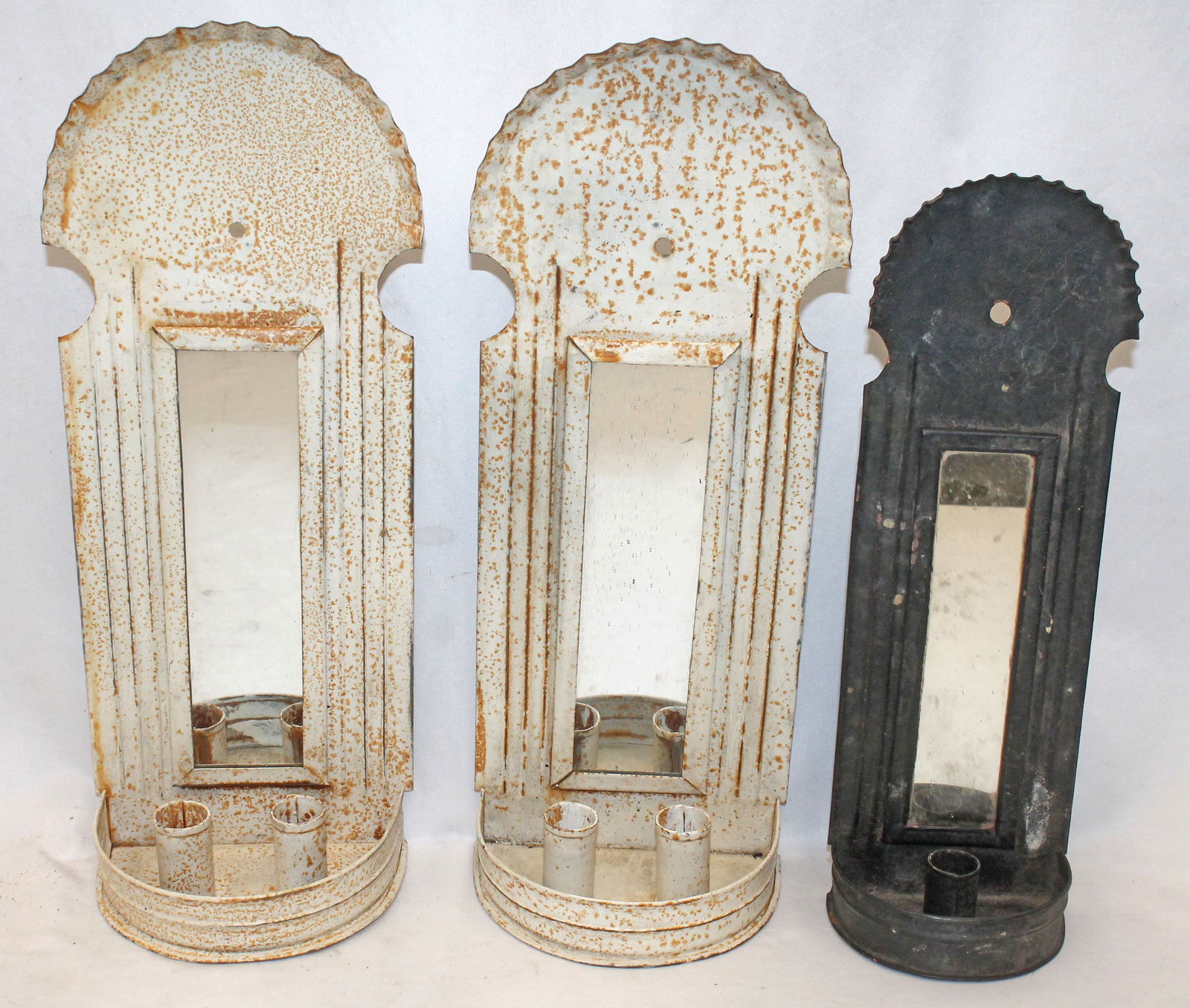 Lot of 3 crimped tin mirrored wall candle sconces incl a pair in white & a single in black - 17" (1 of 12)