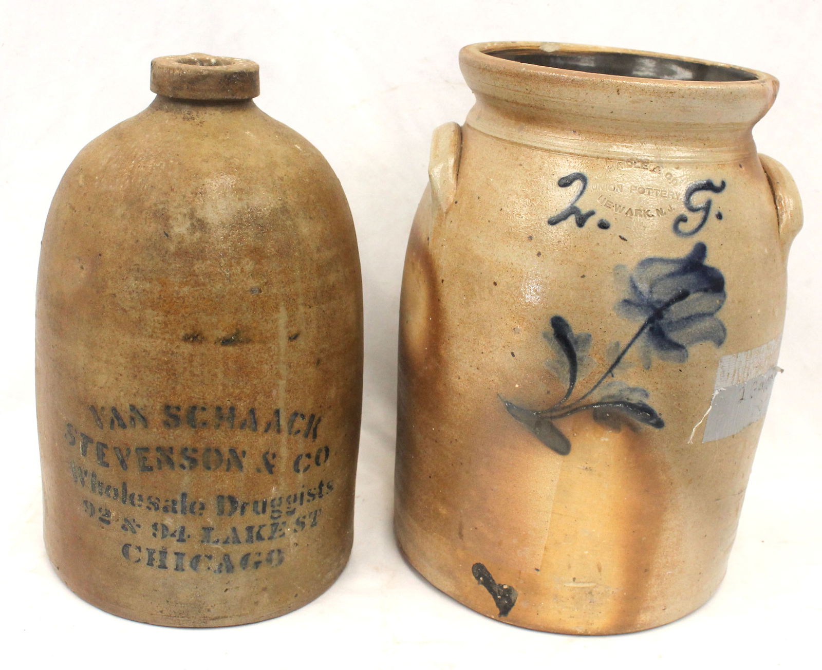 Lot of 2 antique stoneware items incl C. Haidle Union Pottery Newark, NJ floral cobalt dec 2 gal jar (1 of 13)