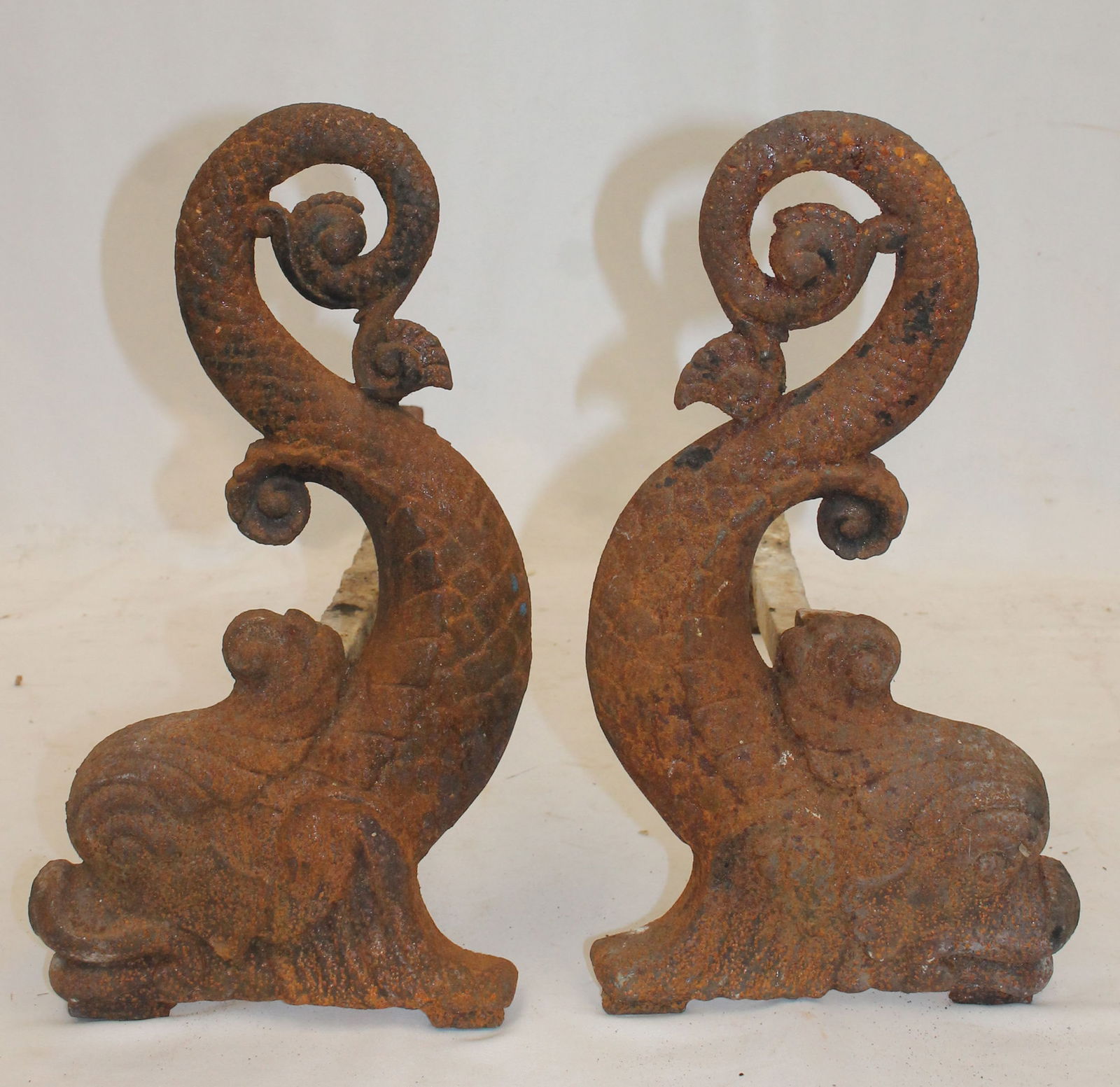 Pr of cast iron dolphin andirons - as found - 14" tall x 17" deep (1 of 6)