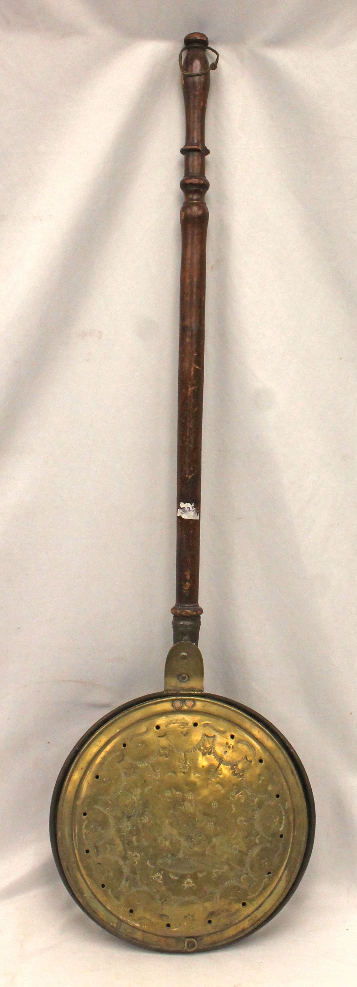 Antique bedwarmer w brass pail & wooden handle - 44" long x 12" diam pail (1 of 4)