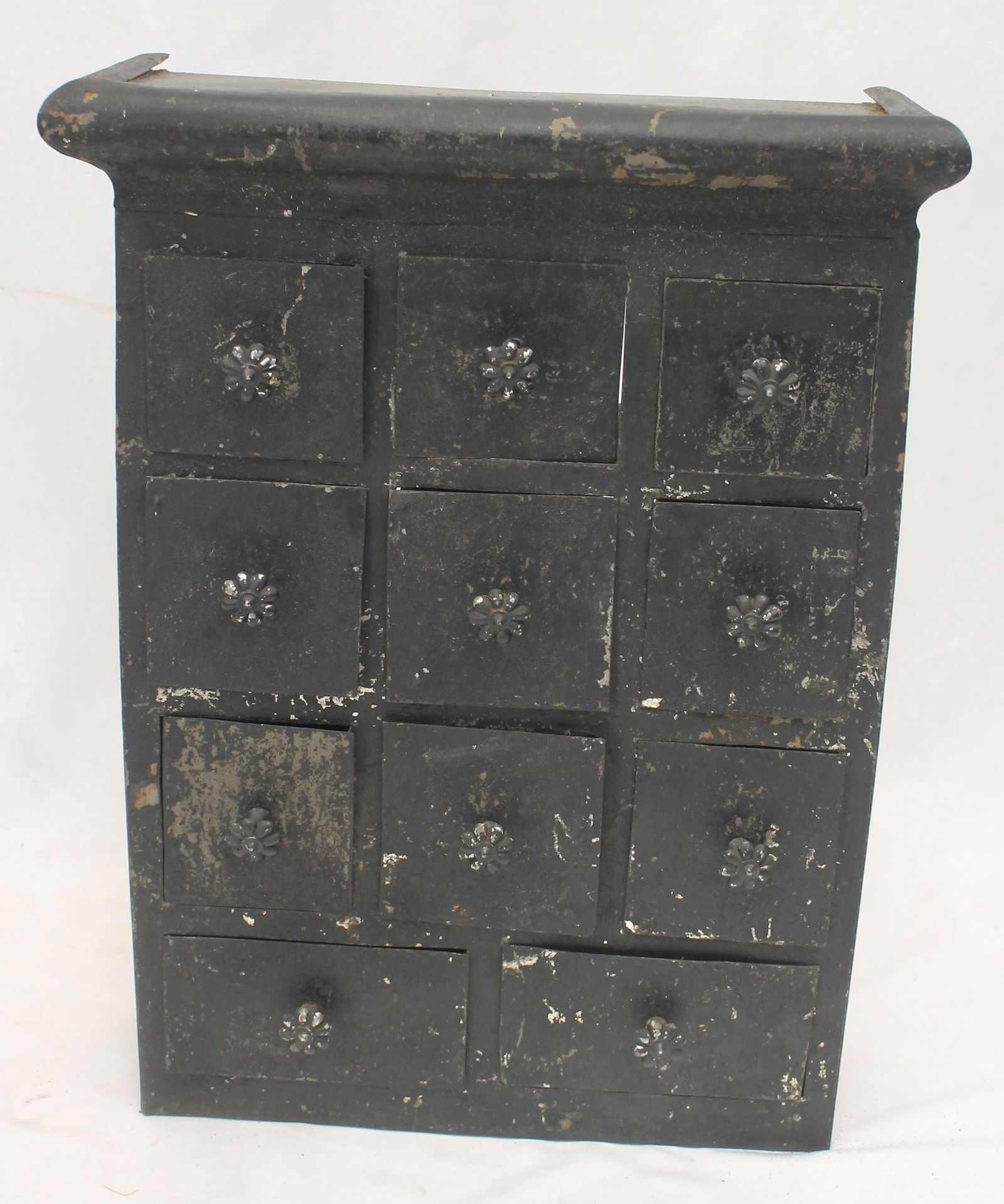 Interesting antique 11 drawer spice chest in black paint w tin drawers - 15 1/2" tall x 11 1/2" wide (1 of 3)