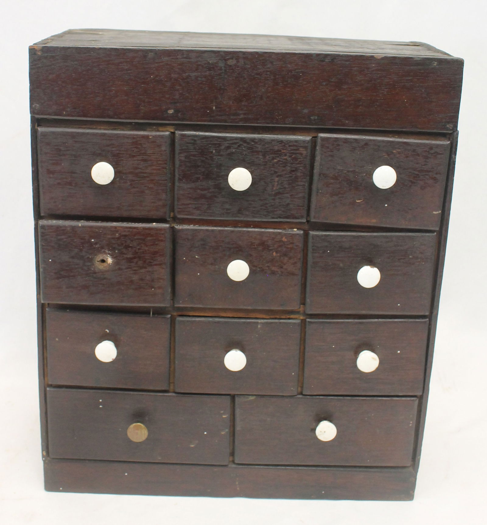 Antique 11 drawer spice chest w porcelain knobs - as found - 14 1/2" tall x 12 1/4" wide x 6 1/4" (1 of 3)