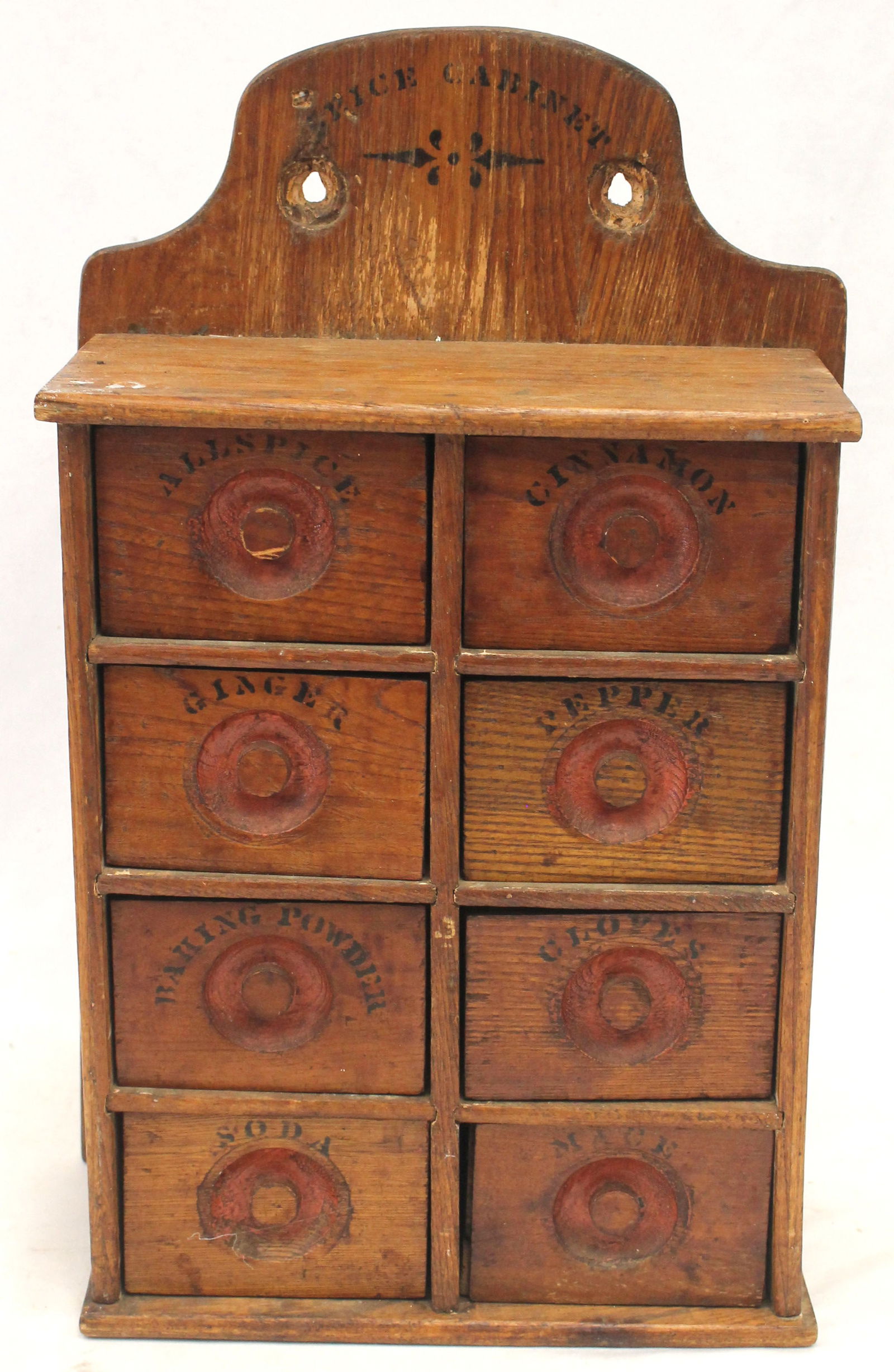 Antique 8 drawer spice chest w stenciled labeled drawers - 16 3/4" tall x 10 1/2" wide x 4 1/4" deep (1 of 7)