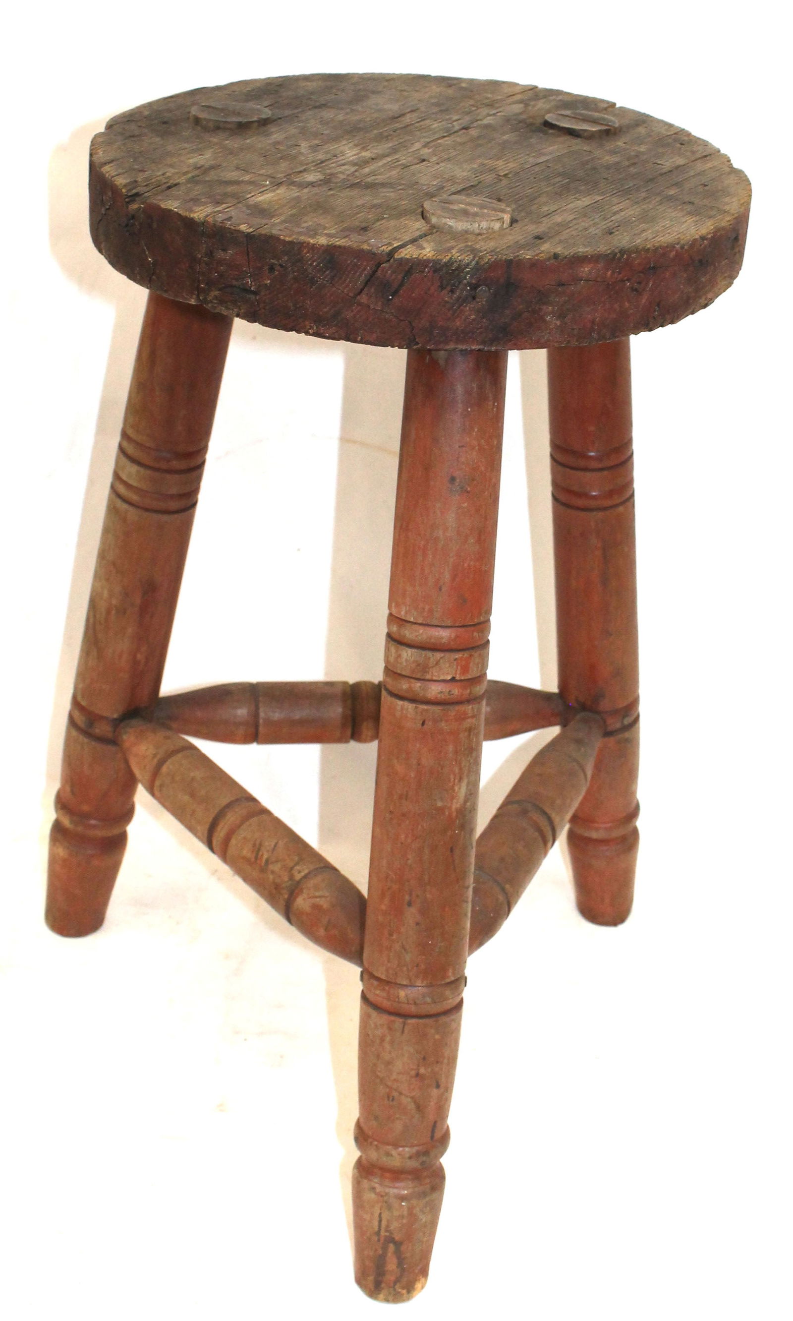 Antique Country 3 legged stool in old red paint - 21" tall x 13" diam top (1 of 3)