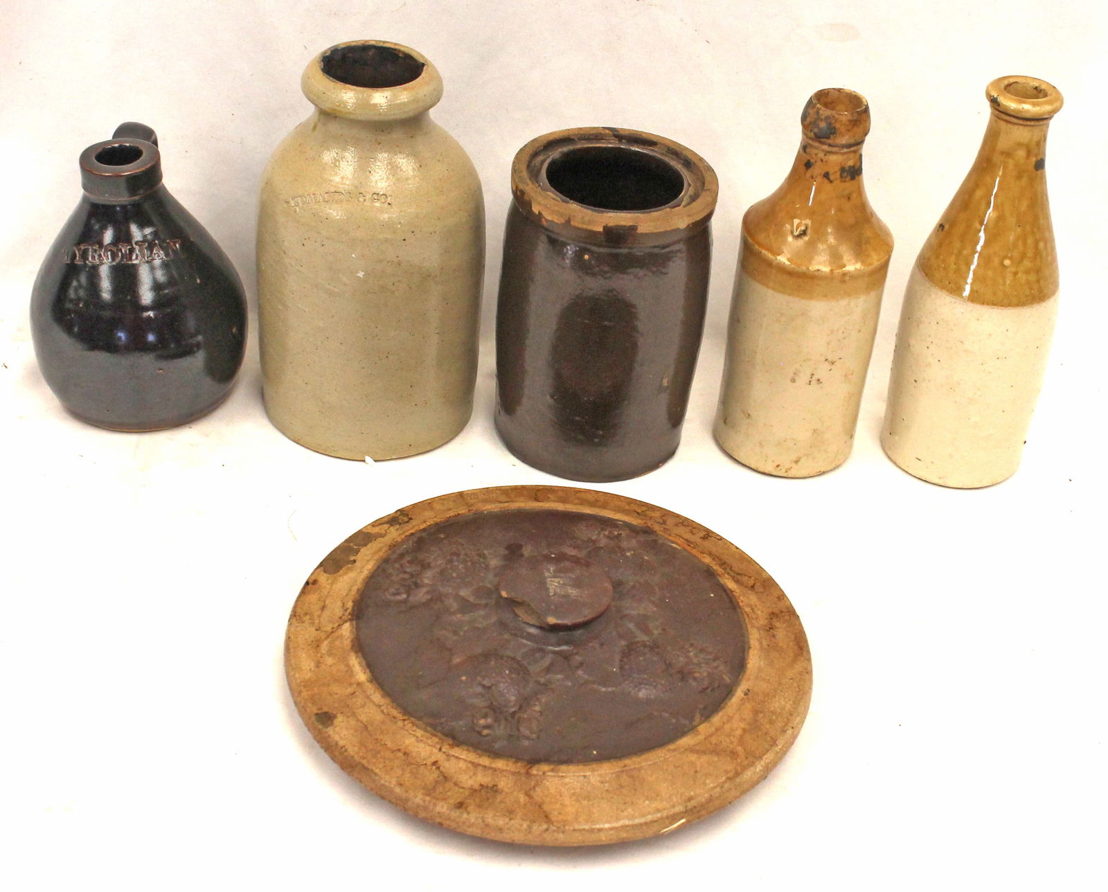 Lot of stoneware bottles, jars, jug & a 9" diam lid - 7 1/2"- 8 1/2" tall (1 of 7)