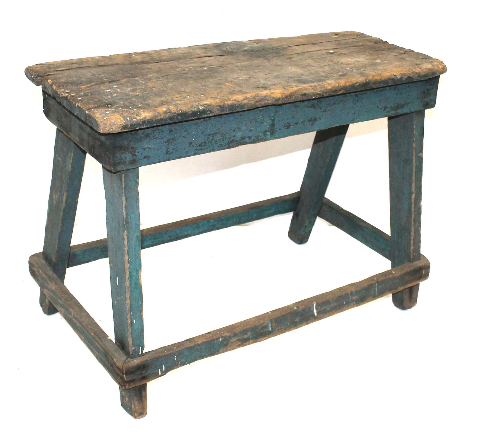Antique primitive country bench in blue paint - 20" tall x 27" wide x 15 1/2" deep (1 of 7)