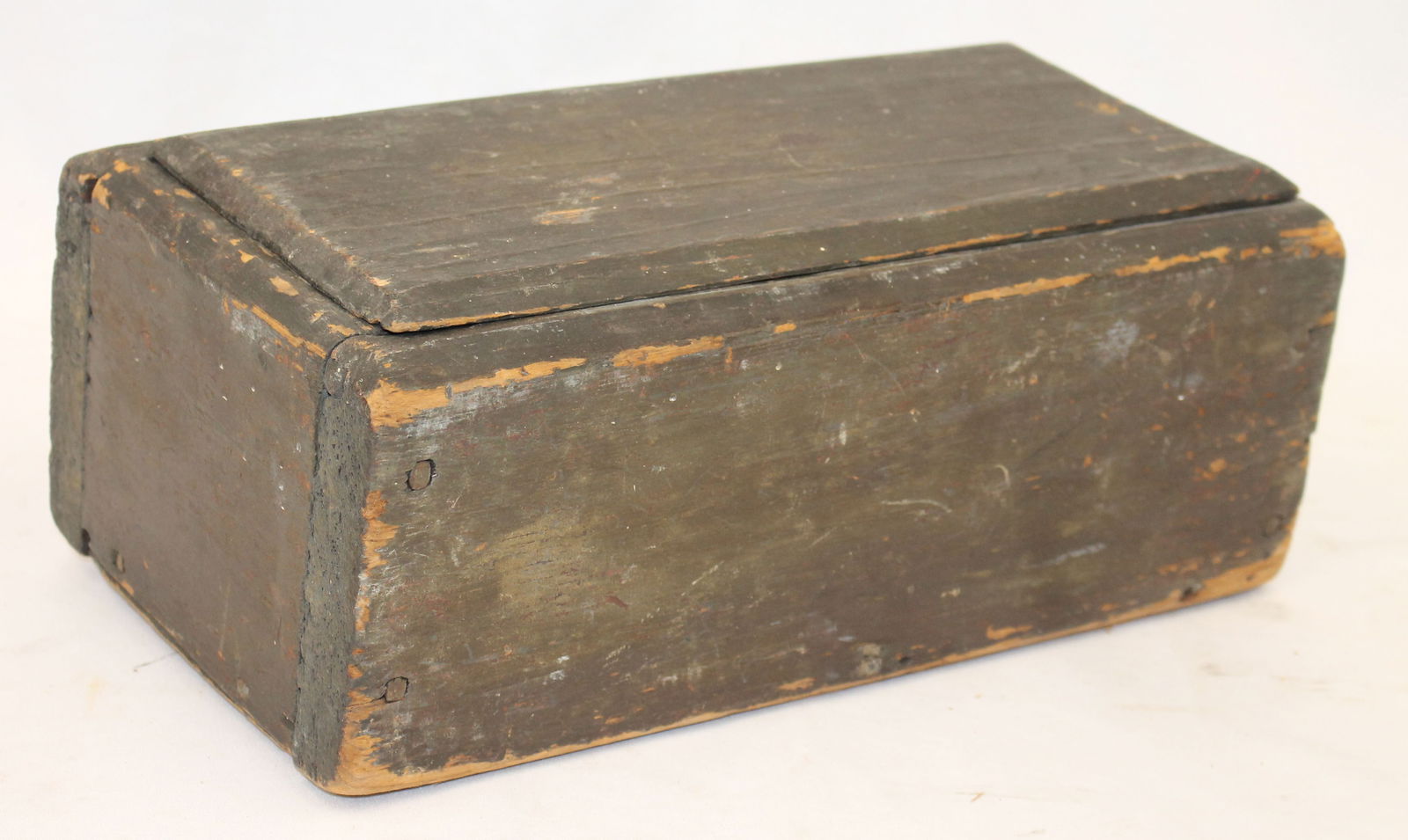 Antique wooden slide top box in brown paint - 13 1/2" long x 7 3/4" deep x 5 1/2" tall (1 of 5)