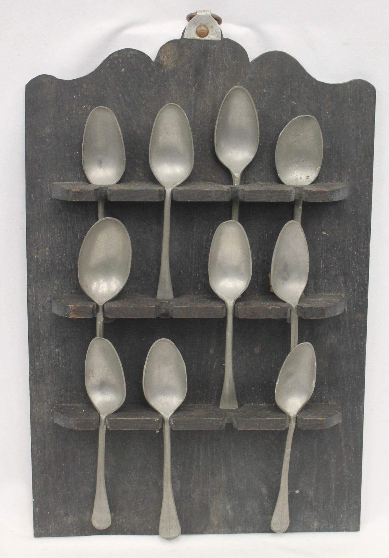 Antique wall hanging spoon rack in black paint w 10 pewter spoons - 19" tall x 12 1/2" wide (1 of 7)
