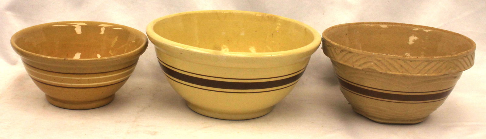 Lot of 3 antique brown banded yellowware bowls - 10", 9" & 8" diam (1 of 7)