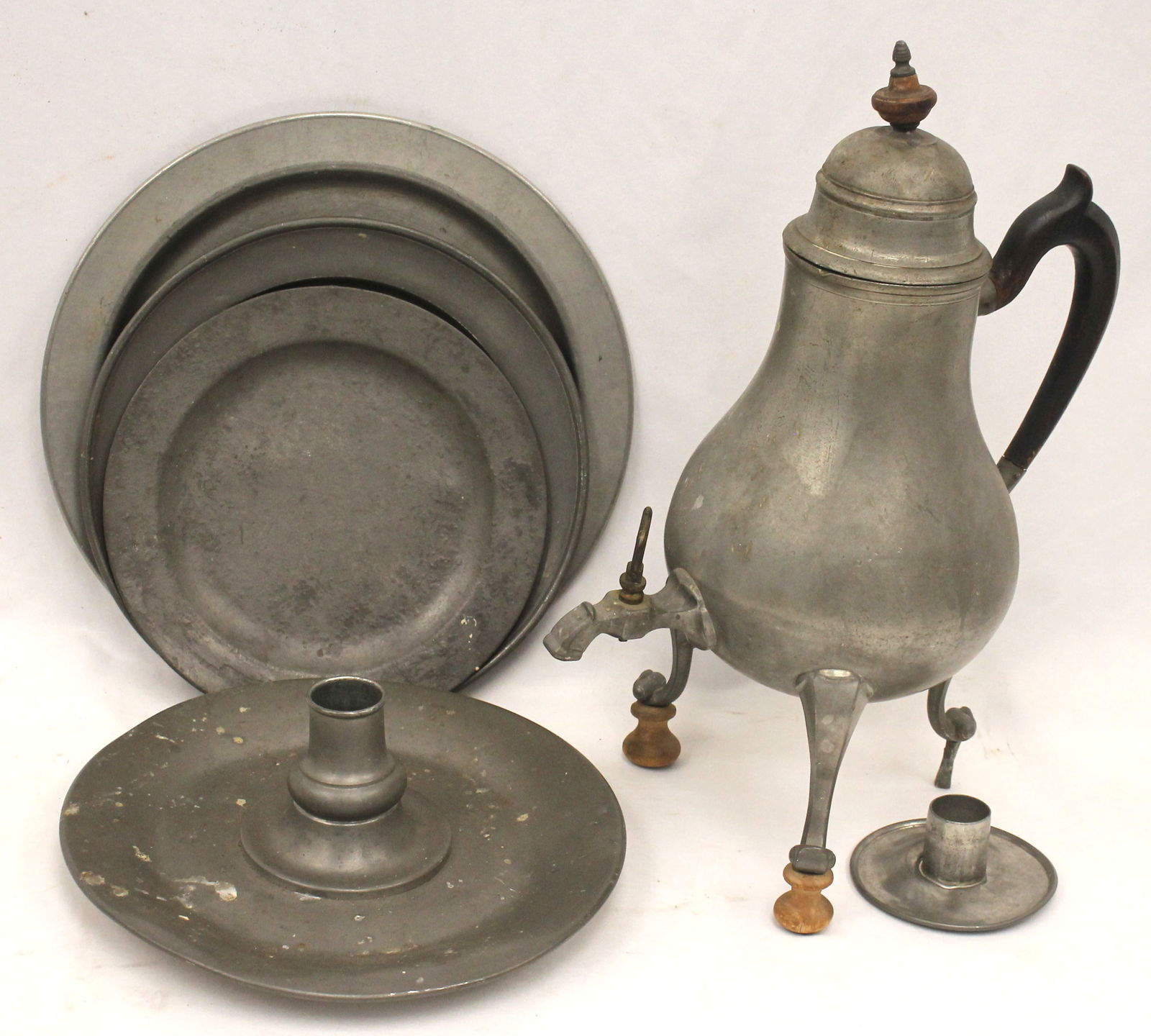 Large lot of pewter incl plates 8"-10" diam, 15" tall coffee urn, candle holder, etc (1 of 8)