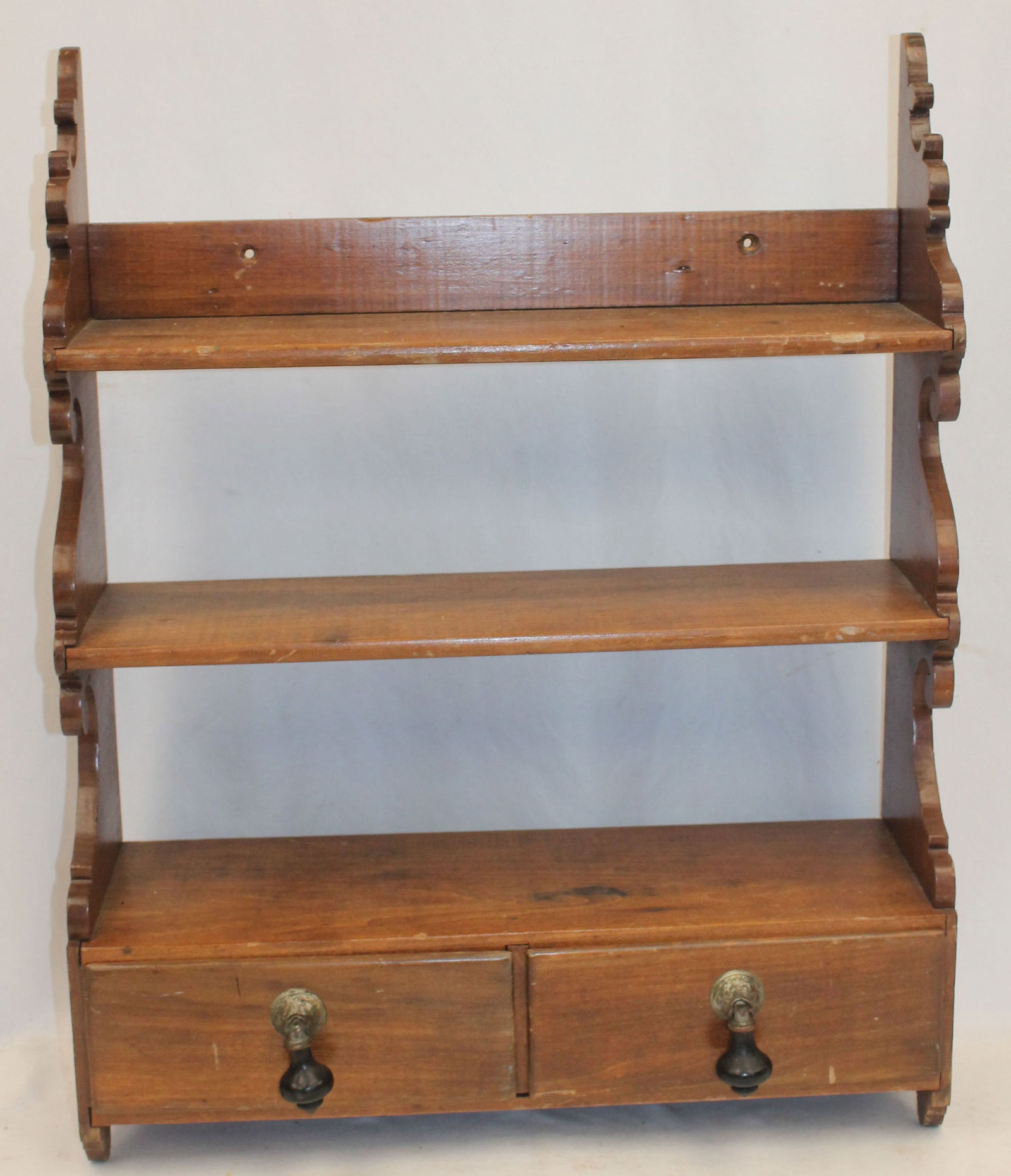 Antique wall shelf w 2 drawers in natural surface w drop finial drawer pulls & scrolled shaped sides (1 of 5)
