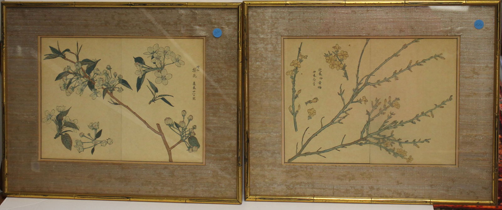 Pr of Asian woodblock prints of flowers in matching frames (1 of 6)