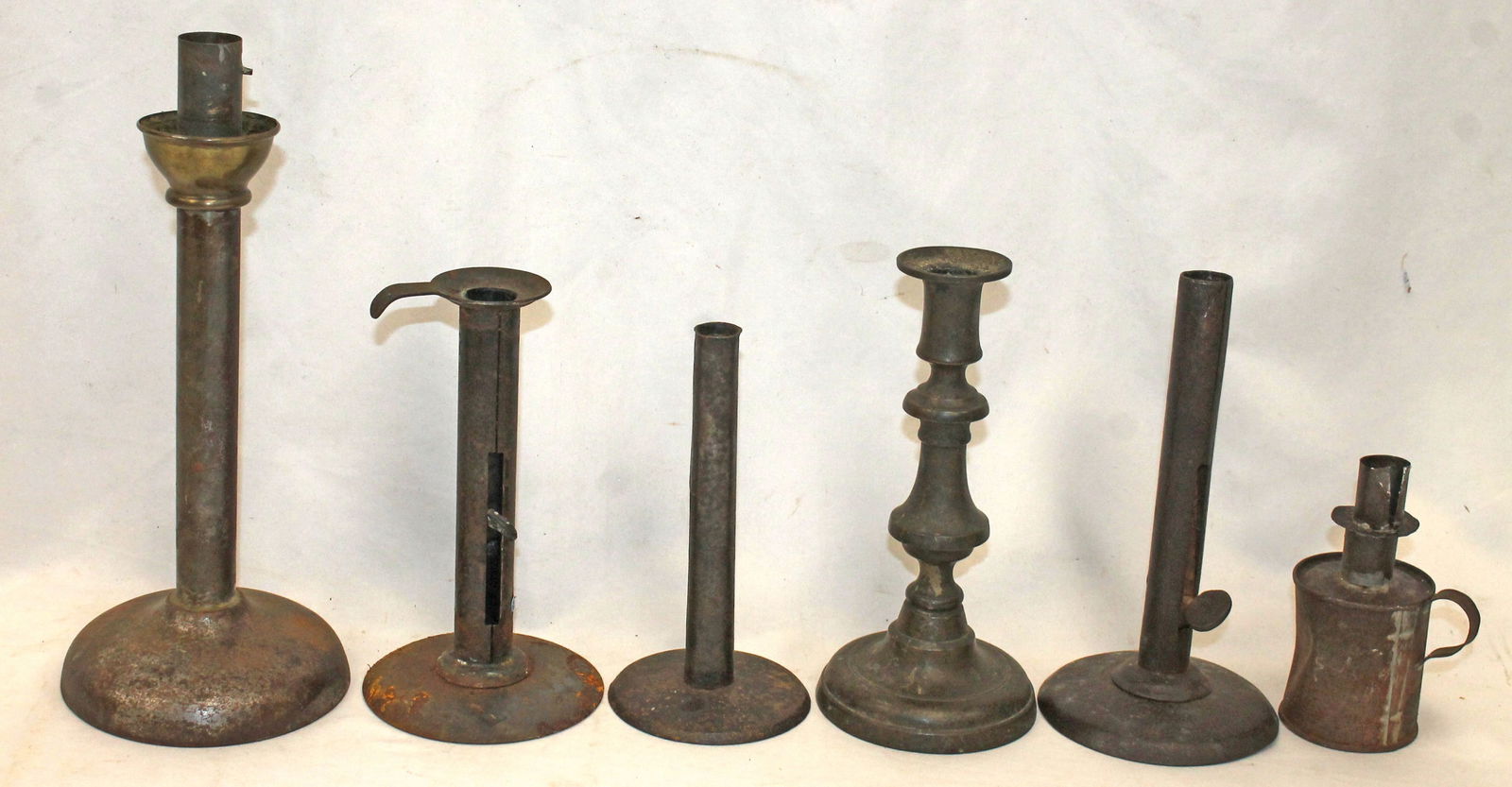 Lot of 6 antique candlesticks incl tin & brass (1 of 5)