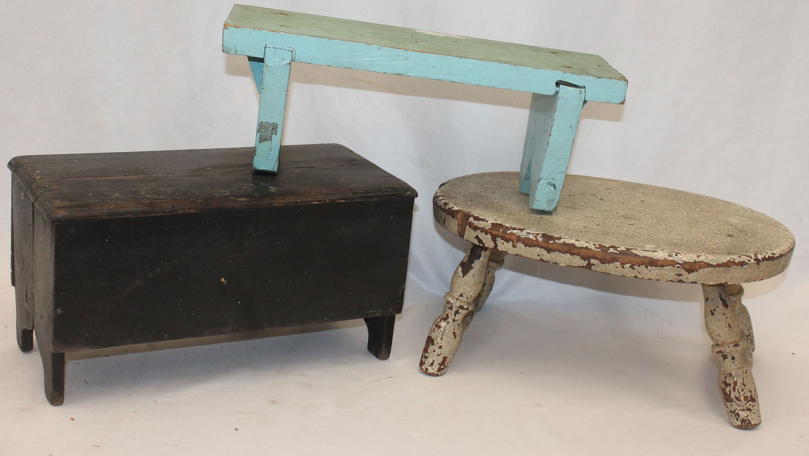 Lot of 3 antique footstools in various shapes & paint - blue 6"x15"; 8"x15" black; white 7"x15" (1 of 8)