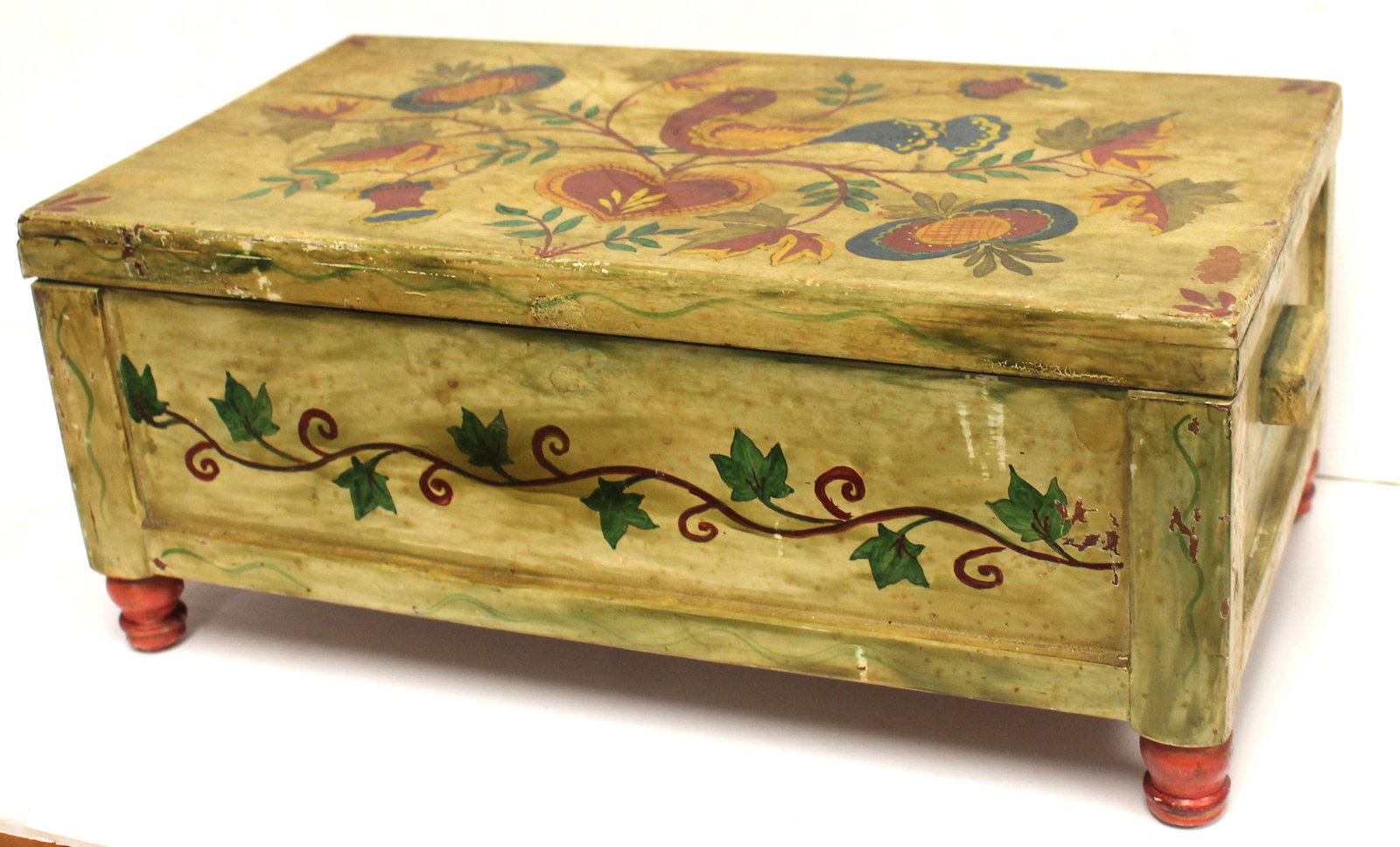 Wooden painted box w Dutch floral paint dec on red turned feet - 6" tall x 14" x 8": Wooden painted box w Dutch floral paint dec on red turned feet - 6" tall x 14" x 8"