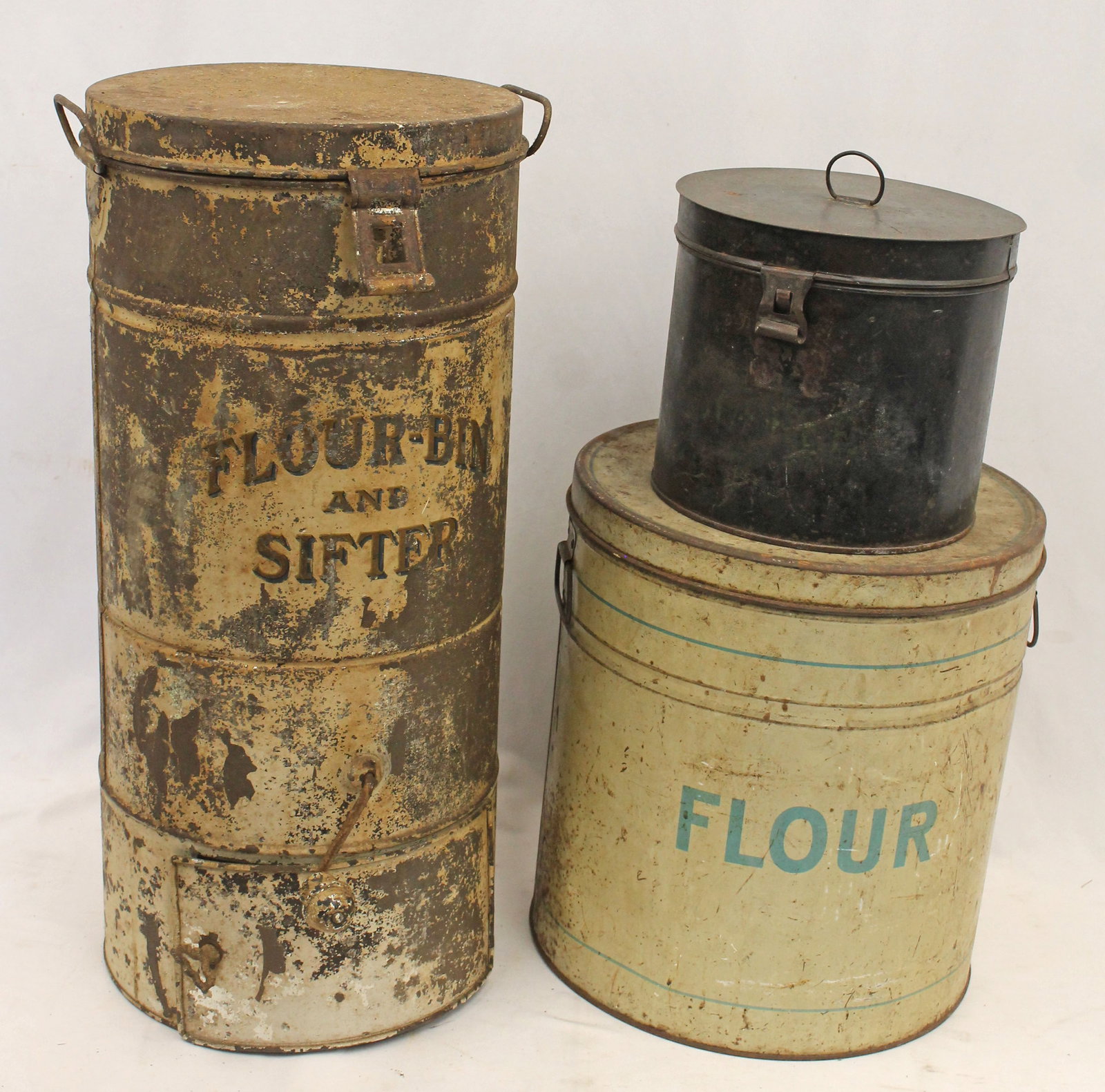 Lot of 3 antique tins incl 23" tall flour sifter, 13" flour cannister & 8" coffee cannister (1 of 5)