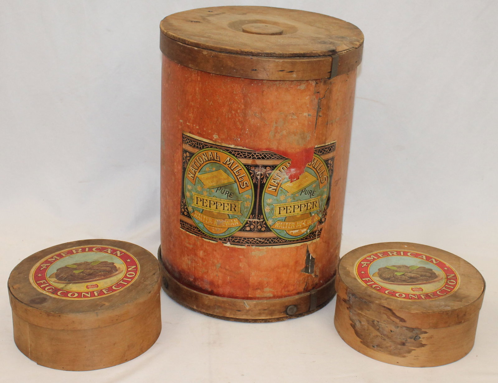 Lot of 3 wooden food storage bins incl 2 Fig 9" diam pantry boxes & a large 16 1/2" tall x 12" diam (1 of 6)