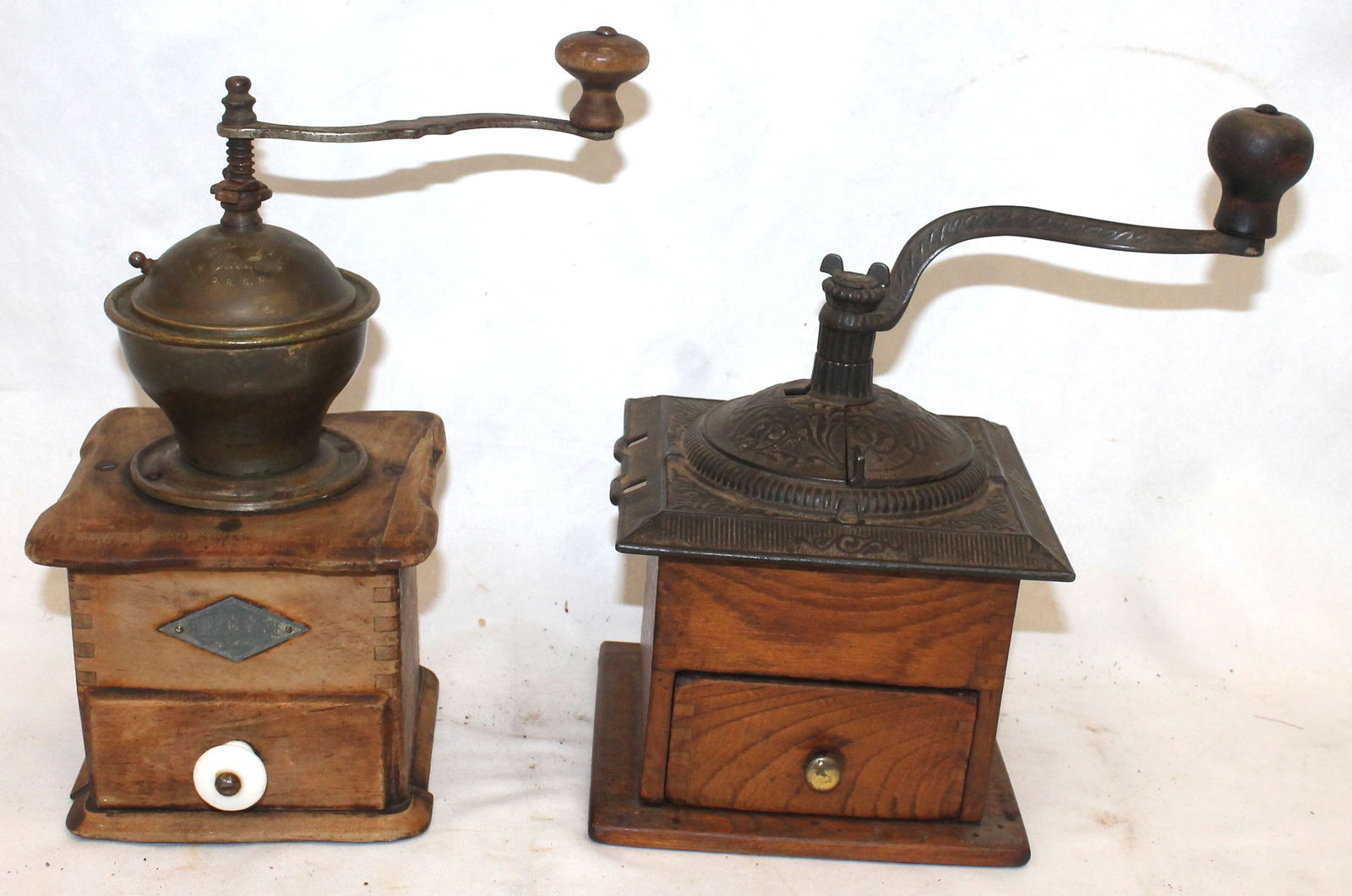 Lot of 2 antique coffee grinders - one marked "Leinbrock's Ideal" - 10" tall x 5 1/2" wide (1 of 9)