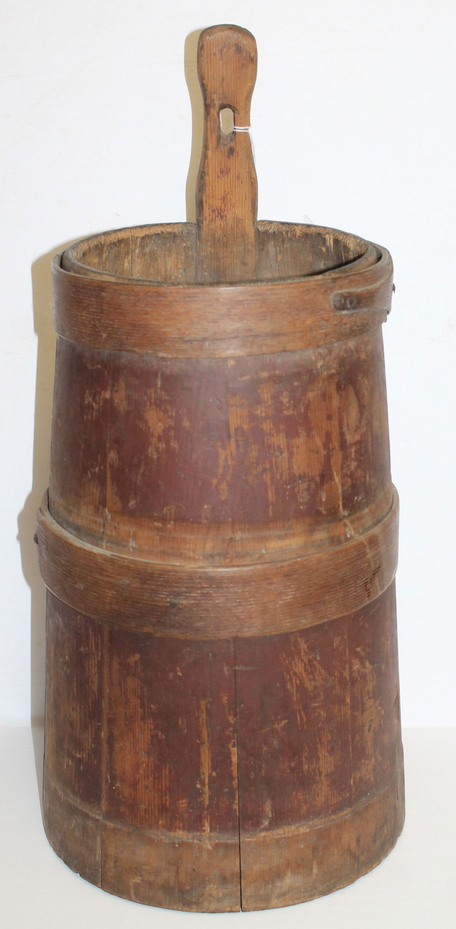 Antique wooden staved & banded piggin in red paint - 21" tall to top of handle x 8" diam (1 of 4)