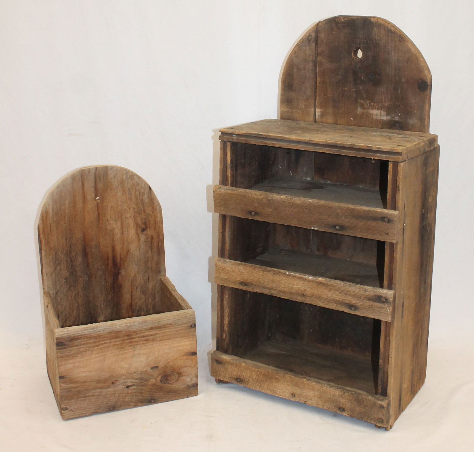 Lot of 2 antique wooden tombstone top items incl 28" tall x 13 1/2" wide wall shelf & 15" tall x 9 (1 of 7)