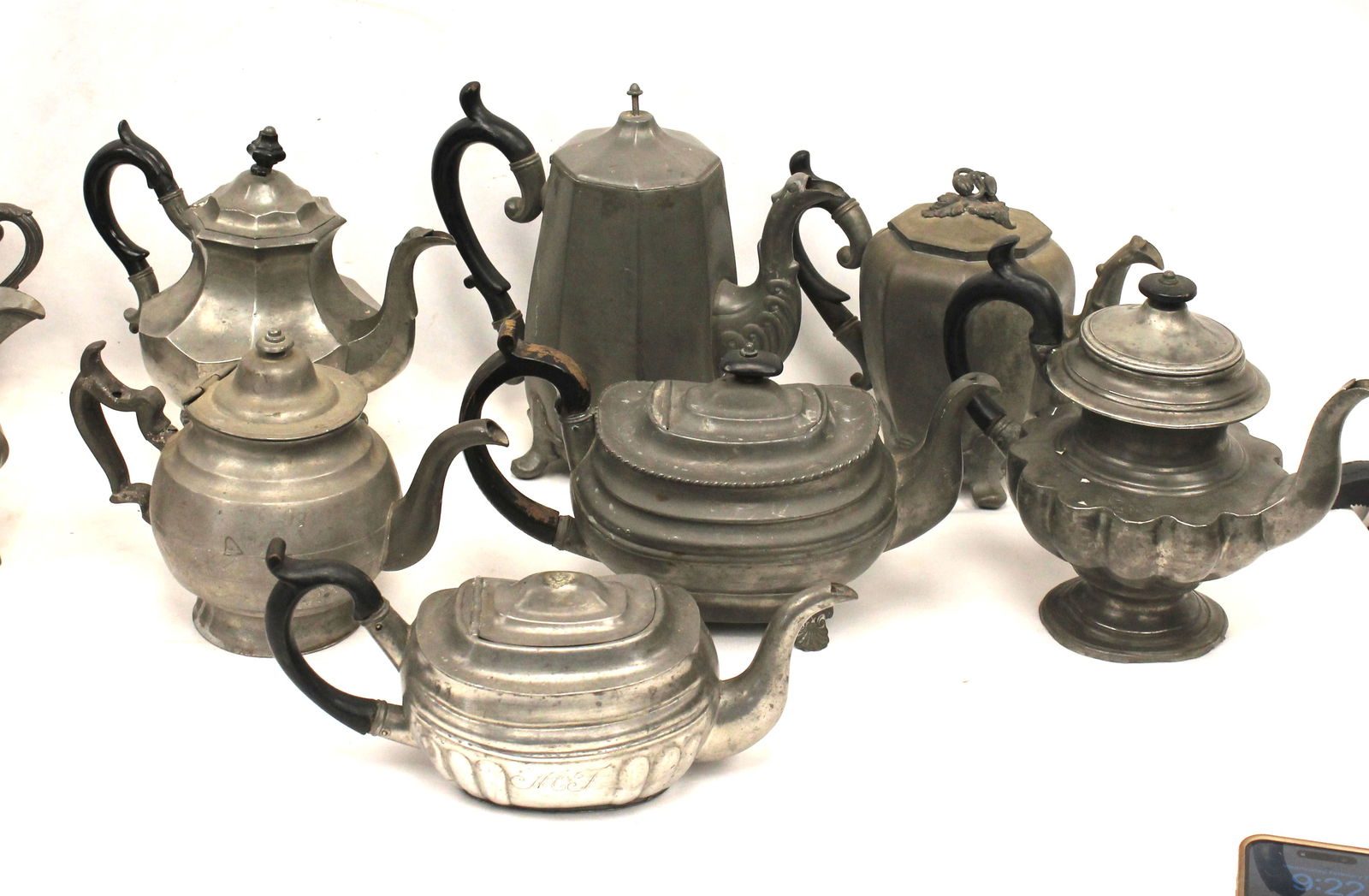 Large lot of 7 antique pewter tea & coffee pots - 4 1/2"-9 1/2" tall (1 of 8)