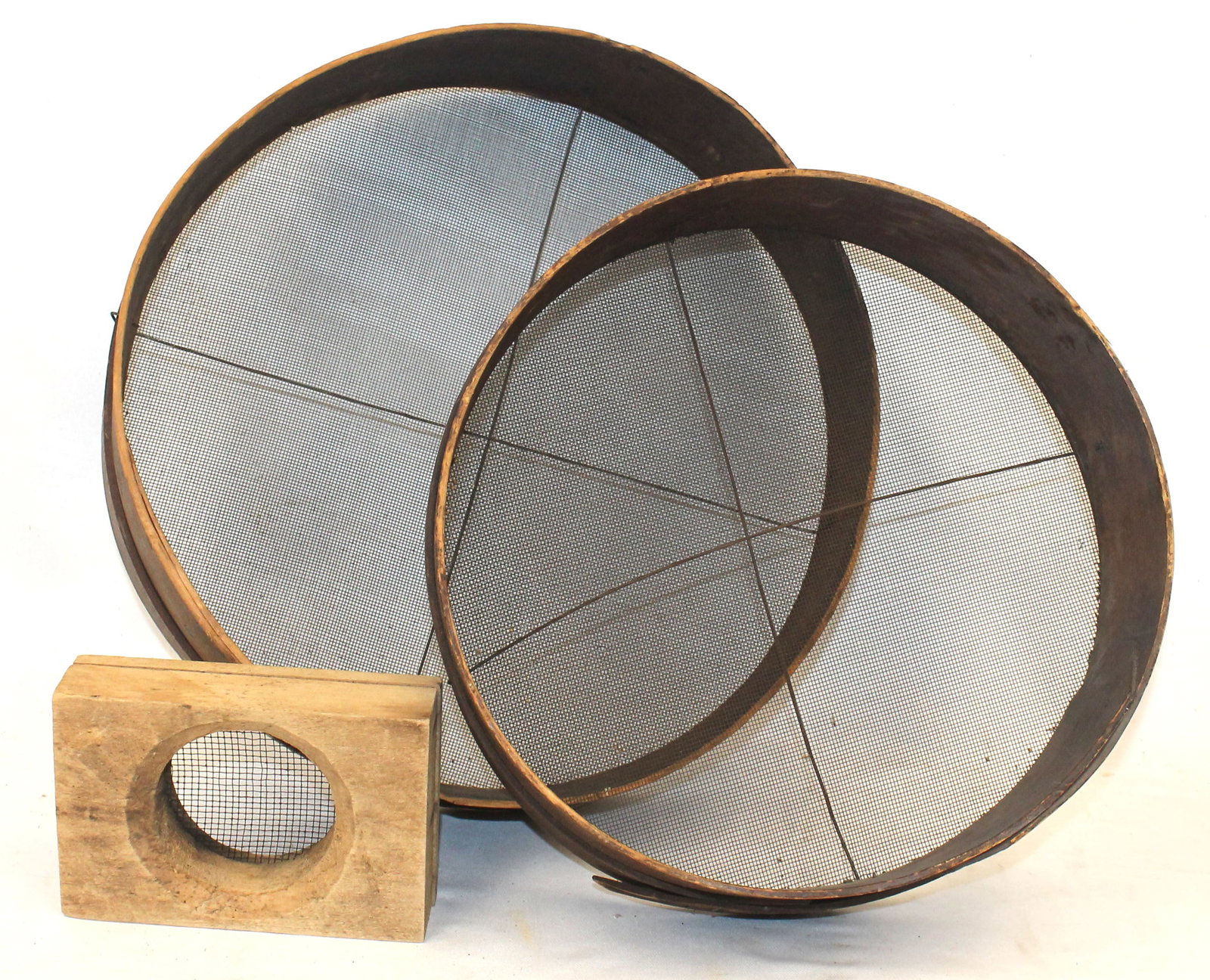 Lot of 3 antique wooden sieves - 12", 10" diam & 5"x4": Lot of 3 antique wooden sieves - 12", 10" diam & 5"x4"