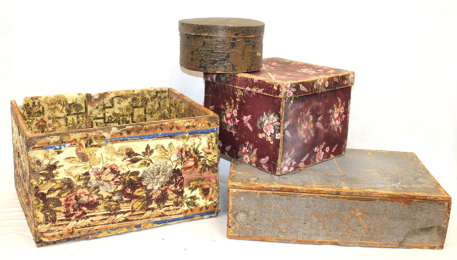 Lot of 4 antique wallpaper cover boxes in various sizes & shapes - 10" diam x 5 1.2" tall round; 6" (1 of 7)