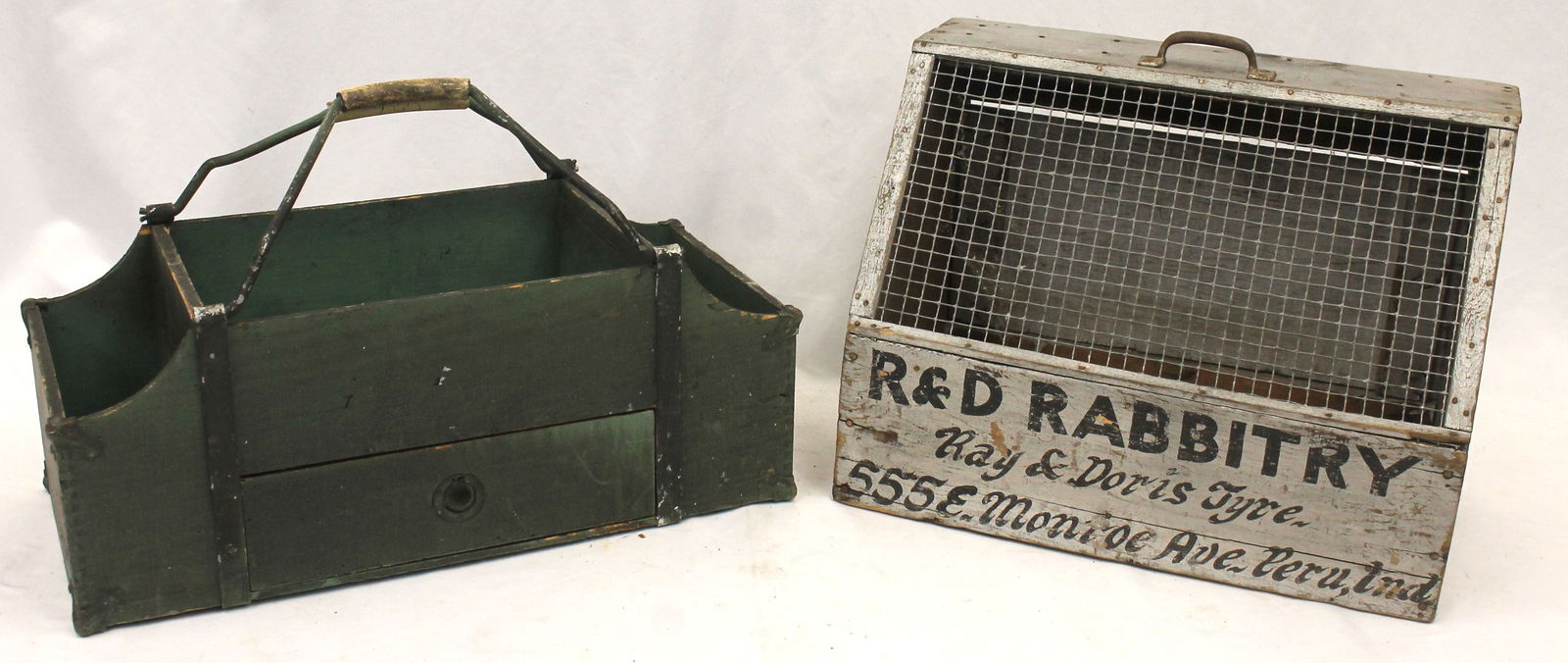 Lot of 2 wooden painted carrying boxes incl 1 in gray w black lettering "R&D Rabbitry" 14" tall x (1 of 6)