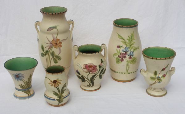 lot of 6 sgnd Weller Bonita American Art Pottery vas: lot of 6 sgnd Weller Bonita American Art Pottery vases - 5"(2), 6", 6 3/4", 9 1/2" & 11 1/2"