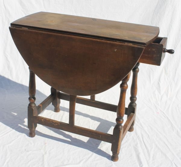 ca 1750 New England birch 1 drawer butterfly table: ca 1750 New England birch 1 drawer butterfly table w traces of the orig brown paint (dovetailed drawer w orig wooden knob) - 29 3/4" long x 27" tall