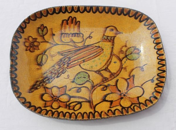 sgnd Mary & Greg Shooner dated 2000 redware PA Dutc: sgnd Mary & Greg Shooner dated 2000 redware PA Dutch bird on floral branch dec platter - 12 1/2" x 9 1/2" oval (ex: Joan Lerner collection)