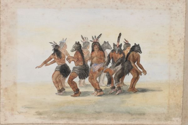sgnd L. Starr 15 1/2" x 22 1/2" Native American w/c: sgnd L. Starr 15 1/2" x 22 1/2" Native American w/c titled "Bear Dance" dated 1890