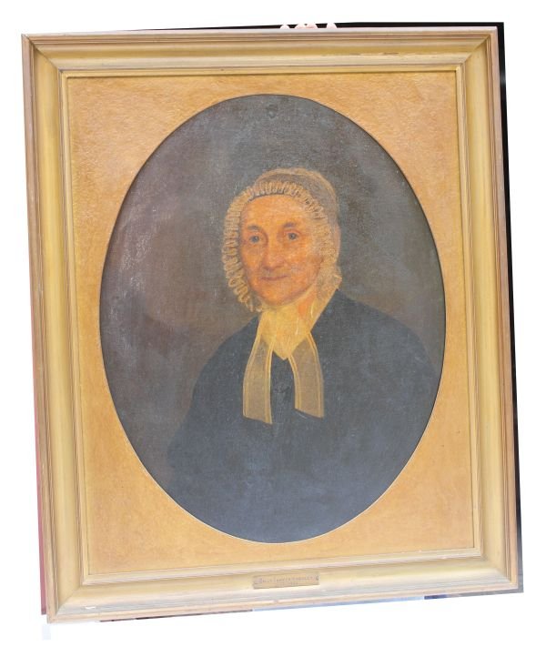 19thC 27 1/2" x 20" o/c portrait of Sally Thayer Ki: 19thC 27 1/2" x 20" o/c portrait of Sally Thayer Kingsley (1777-1863) - She was from a prominent Stonington, CT whaling ship family. Interesting label on back indicates this painting was restored by V