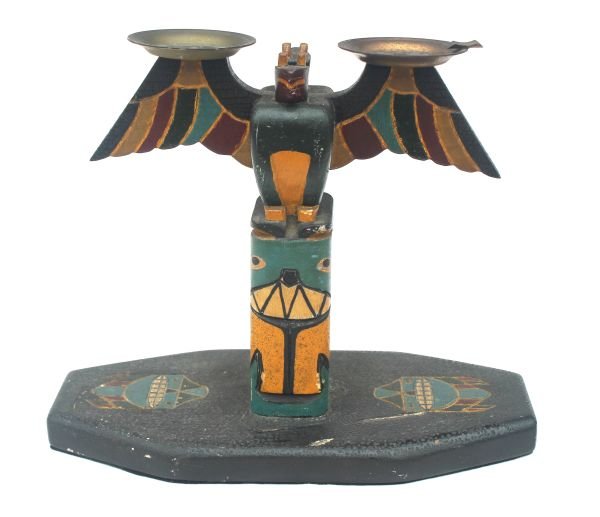 ca 1930 Northwest tourist trade wooden carved & o: ca 1930 Northwest tourist trade wooden carved & orig painted totem polem/ash tray - 11" wide x 9 1/2" tall