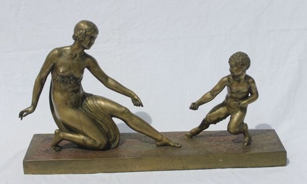 exceptional early Art Deco sgnd J.D. Guirande (Fre: exceptional early Art Deco sgnd J.D. Guirande (French late 19th/ early 20thC) bronze sculpture of a fawn (young satyr) & nude female - 22" long x 12" tall -