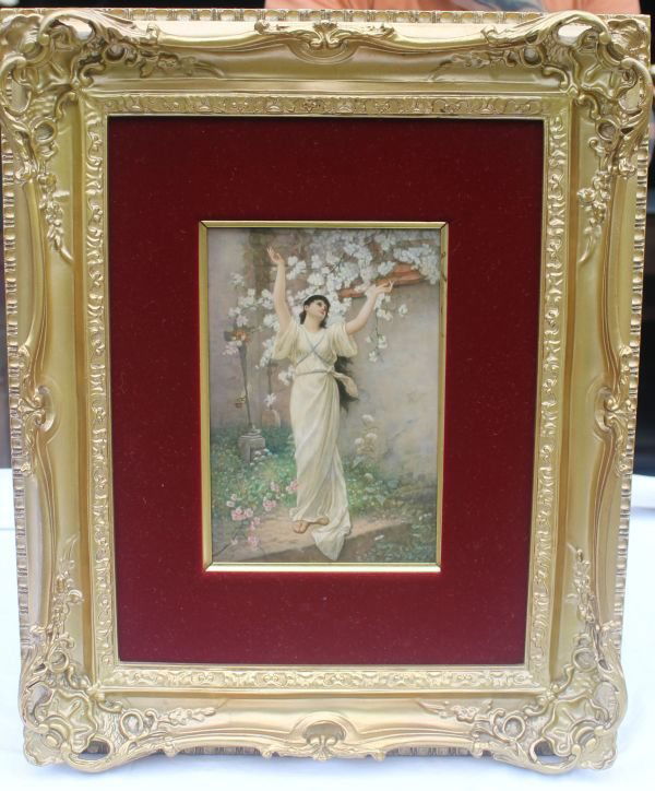 Fabulous sgnd KPM 9 1/4" x 6 1/4" (sight size) fra: Fabulous sgnd KPM 9 1/4" x 6 1/4" (sight size) framed & matted hand painted porcelain plaque depicting pretty young lady in a garden