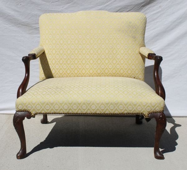 Important period QA ca 1750's unusual size cherry : Important period QA ca 1750's unusual size cherry upholstered settee w rosette carved arms & shell carved cabriole knees ending in pad feet - 39" wide x 37" tall