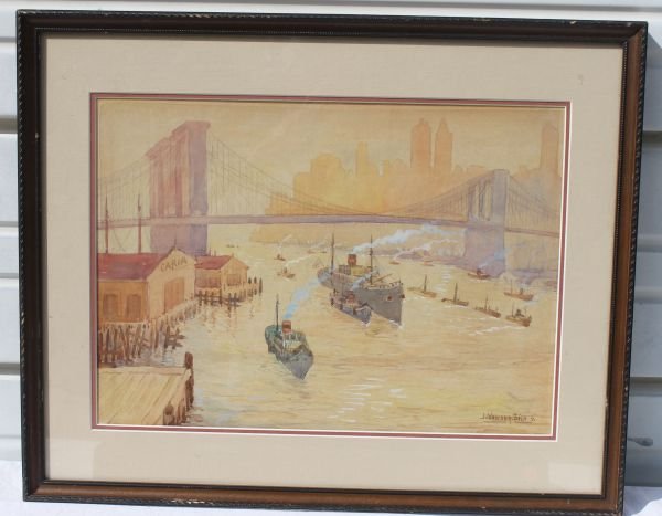 Jacob Vanderbilt (early 20thC) dated 1933 11 3/4": Jacob Vanderbilt (early 20thC) dated 1933 11 3/4" x 16 1/2" sight size wc/goache & graphite depiction of the Brooklyn Bridge & NYC skyline