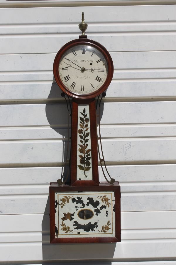 H. Sperry & Co NY period banjo clock w reverse pai: H. Sperry & Co NY period banjo clock w reverse painted panels - 33" tall