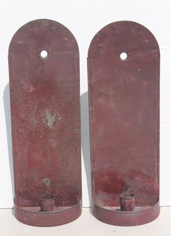 pr of ca 1880 sheet iron candle sconces in rare or: pr of ca 1880 sheet iron candle sconces in rare orig cranberry colored paint - 13" tall
