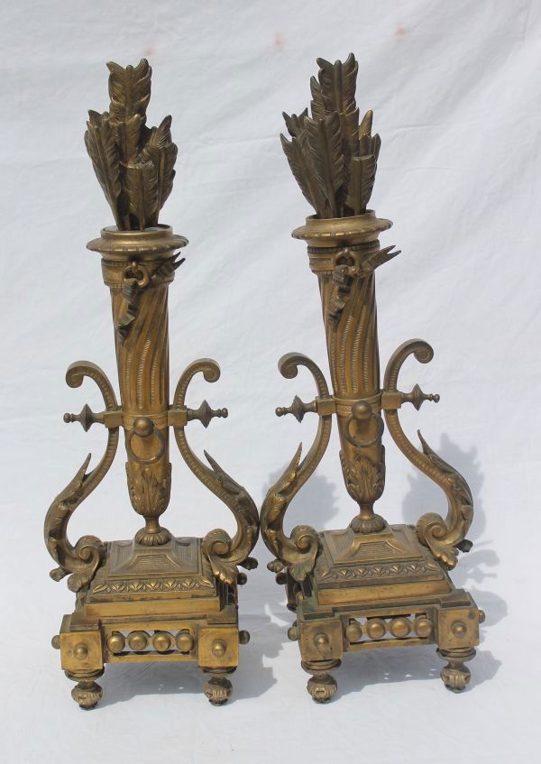 most ornate pr of outstanding 19thC French bronze: most ornate pr of outstanding 19thC French bronze andirons - 22 1/2" tall