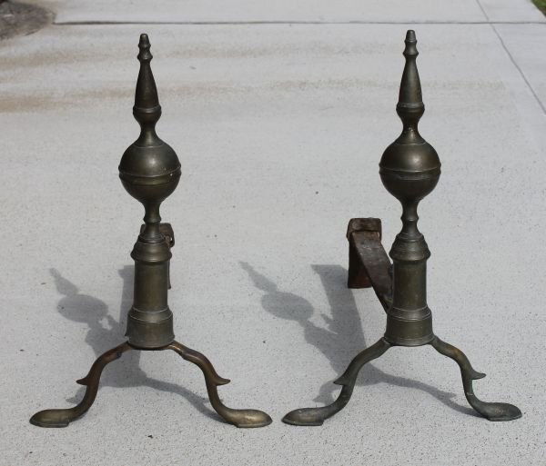 pr of late 18th/early 19thC Boston Chippendale bra: pr of late 18th/early 19thC Boston Chippendale brass & iron steeple top andirons sgnd J. Davis - 17" tall