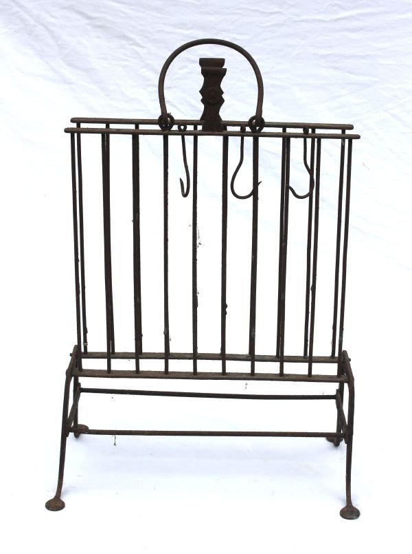 late 18thC New England rare form wrought iron fish: late 18thC New England rare form wrought iron fish broiler on penny feet - 13" wide x 20" tall