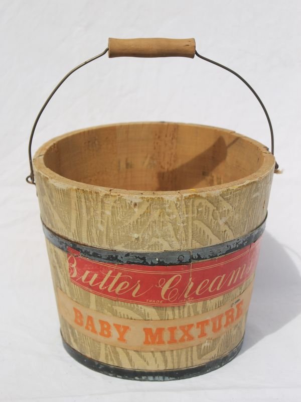 antique wooden "Butter Creams" bucket w orig label: antique wooden "Butter Creams" bucket w orig label & grain paint - 6 1/4" tall