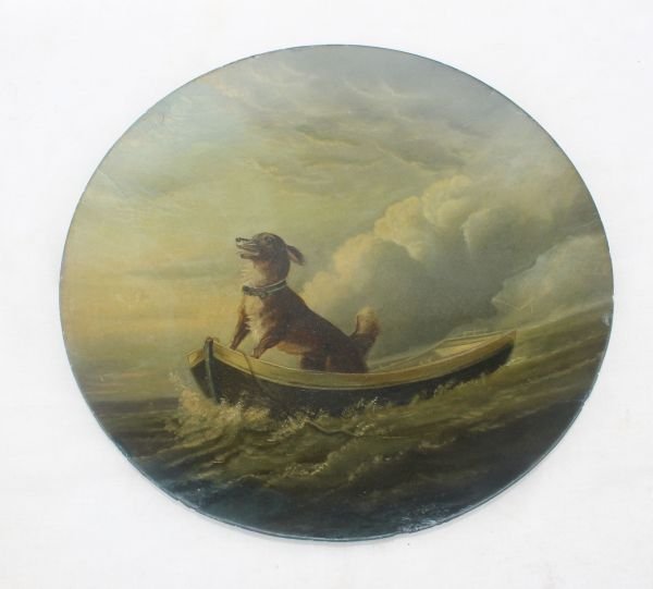 antique papier mache charger w wonderful oil paint: antique papier mache charger w wonderful oil painting of a dog in a boat - 14" diam